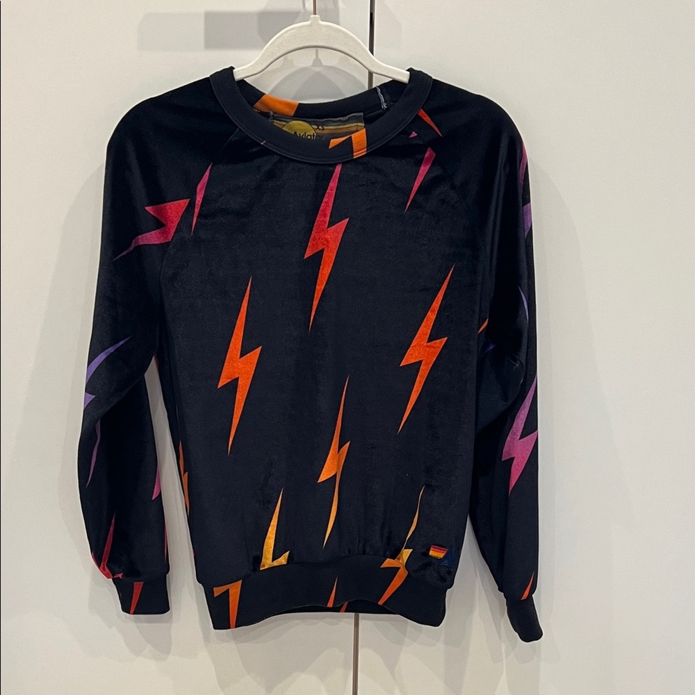 Aviator Nation Black Velvet Sweatshirt With Neon Colored Lightning Bolts